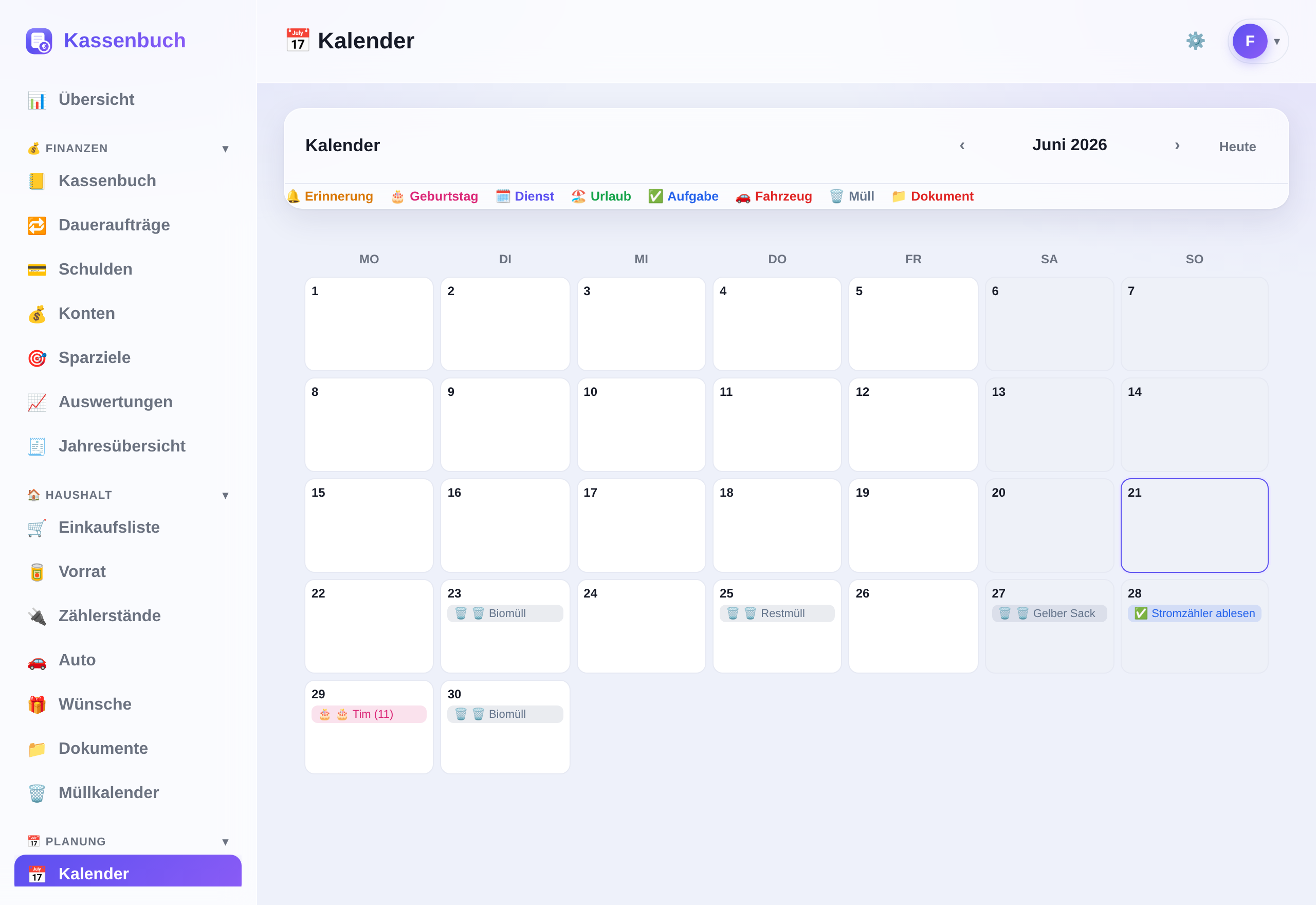 Kassenbuch Kalender mit allen Terminen